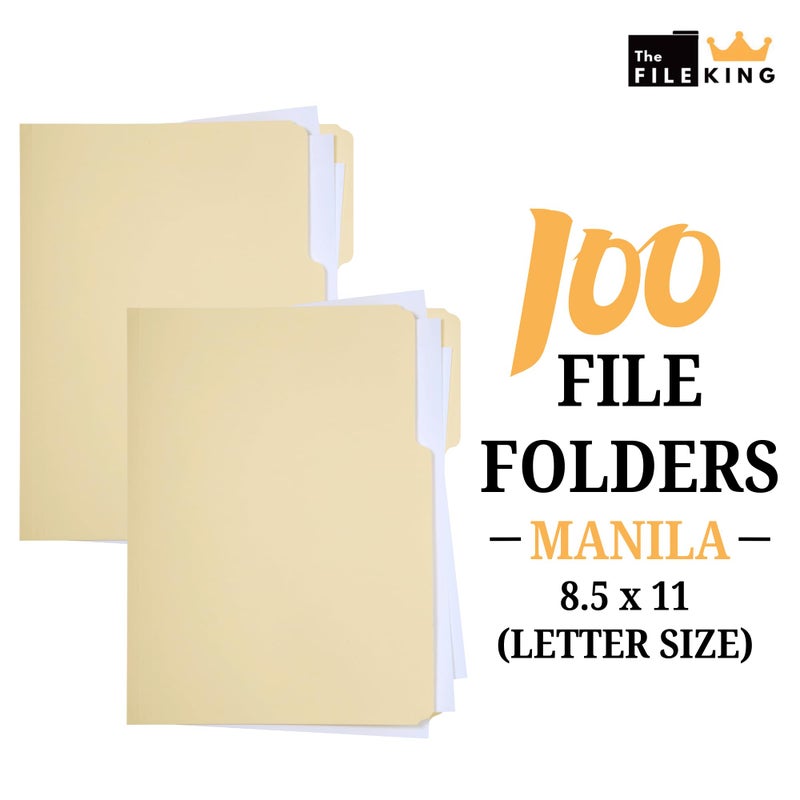 The File King 1/3 Cut File Folders Letter Size - 100 Pack | Manilla Folders 8.5 x 11 | Assorted 3 Tabs | Heavy Duty 11-Point Fiber | Made in USA | Undercut Front for Easy Labeling & Organization - Image 1